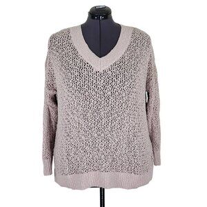 Torrid Sweater Size 1 1X Open Stitch Knit V Neck Pullover Long Sleeves Beige